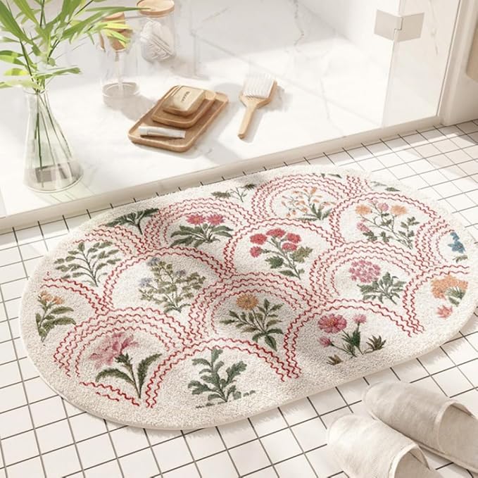 vctops Oval Bathroom Rugs, Spring Floral Print Absorbent Microfiber Bath Rugs, Non Slip Quick Dry Bath Mats for Bathroom Floor, Tub and Shower, Home Decor Accessories (Oval D,16"x24")