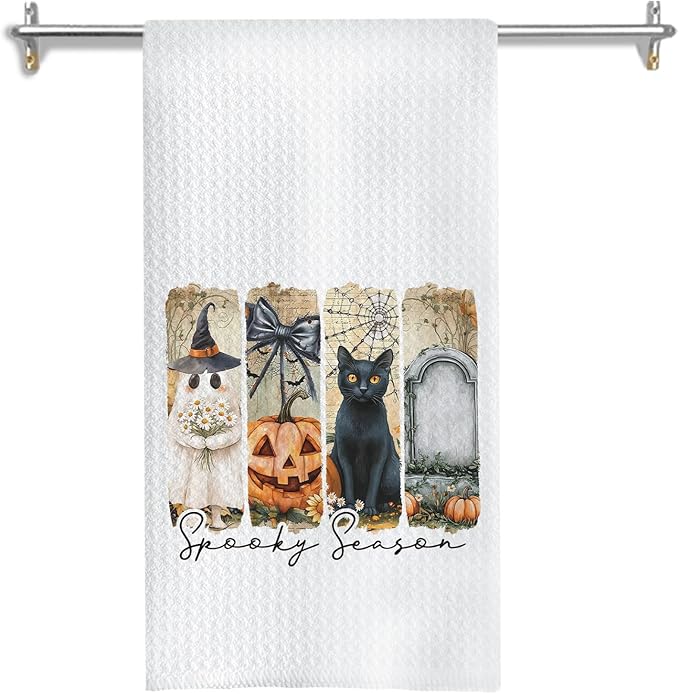 Fall Halloween Kitchen Towels, for Women Men Dish Tea Towels for Kitchen Decor, Spooky Pumpkin Ghost Black Cat Decorative Hand Towel for Bathroom, 16x24 Inches