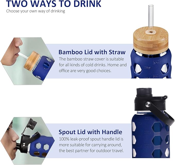 MUKOKO 32oz Glass Water Bottles with 2 Lids-Handle Spout Lid&Bamboo Straw Lid, Motivational Water Tumbler with Time Marker Reminder and Silicone Sleeve, Leakproof-Blue-1 Pack
