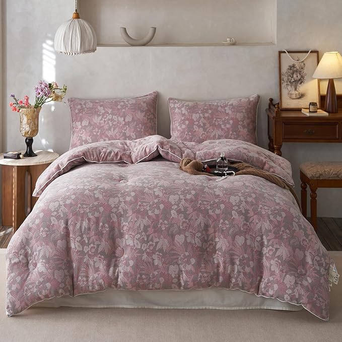 HighBuy Pink Floral Comforter Set Queen Boho Chic Muslin Cotton Bedding Comforter Sets Lightweight Soft & Warm Bed Comforter Queen with 2 Pillowcases for All Season