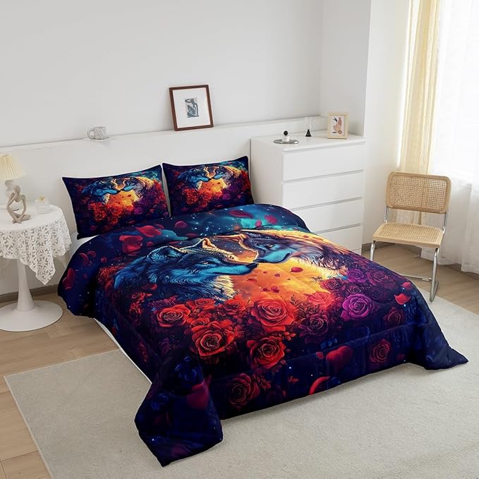 Wolf Comforter Set Twin Size,Wild Animal Print Couple Theme Reversible Bedding Set for Kids Boys Men,Romantic Red Rose Flowers Watercolor Galaxy Quilted Duvet Set with 1 Pillowcase