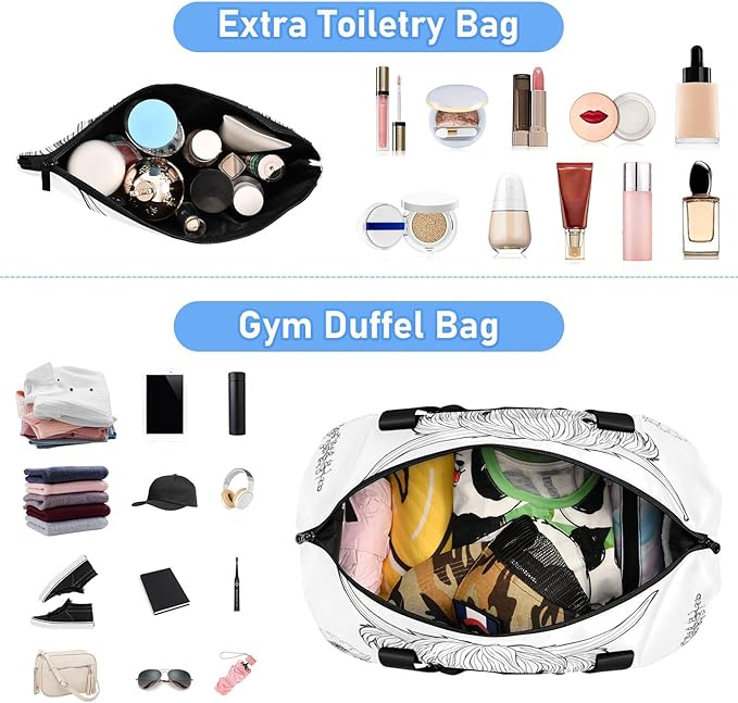 Travel Duffel Bags for Women Floral Highland Cow Line Art Print Sports Duffel Bags Gym Bags with Shoes Compartment Tote Bag Weekender Bag for Travelling