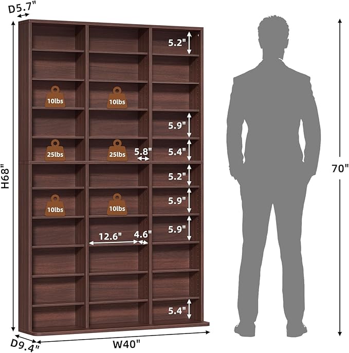 LELELINKY 11 Tier Tall Display Cabinet, Walnut Media Storage Cabinet with Adjustable Shelves, Free Standing DVD Organizer Shelf, Floor multimedia storage manga bookshelf for Living Room & Home Office.