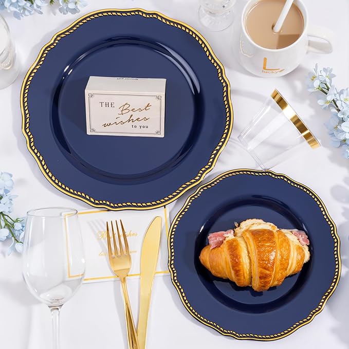 Hioasis 175pcs Blue Gold Plastic Plates - Gold Plastic Dinnerware Set Includes 25 Dinner Plates, 25 Dessert Dinnerware, 25 Cups, 25 Napkins Perfect for Christmas & Party