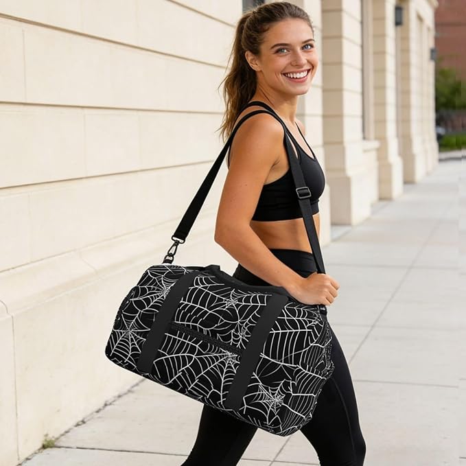 Sports Gym Bag Spiderweb Pattern Black Travel Duffel Bag With Shoe Compartment Shoulder Strap, Lightweight Water-Resistant Weekend Overnight Totes For Women Men