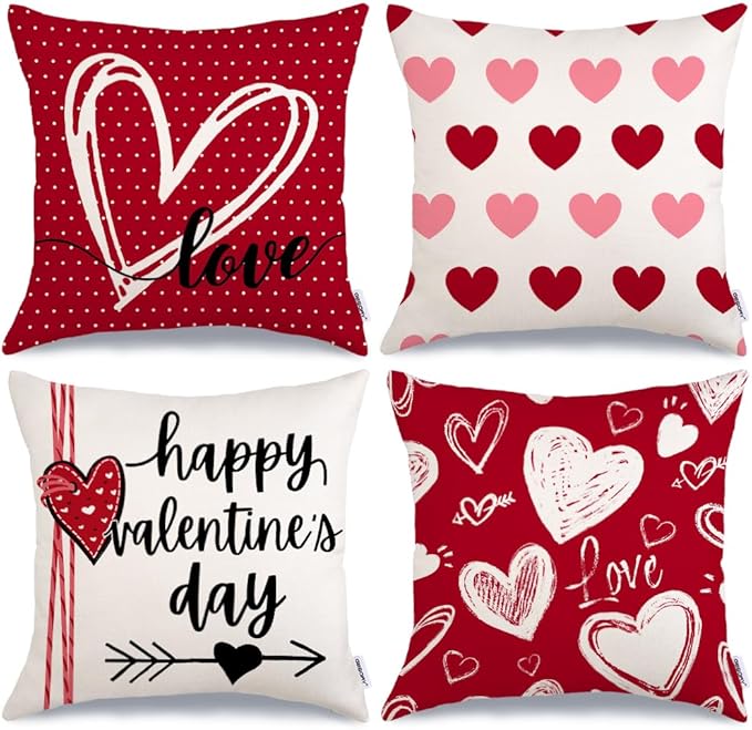GEEORY Happy Valentine's Day Love Throw Pillow Covers 18x18 Inch Set of 4, Hearts Polka Dots Decorative Farmhouse Wedding Cushion Case for Home Decoration (Red) G662-18