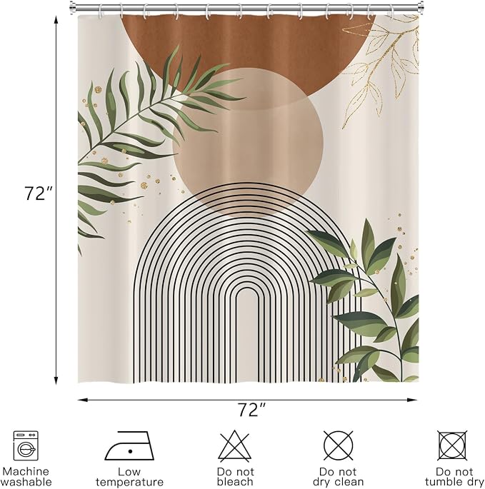 Boho Mid Century Shower Curtain, Brown Modern Minimalist Abstract Geometric Green Gold Plant Leaves Sun Arch Bathroom Curtains Waterproof Fabric Buthtub Curtain Set with Hooks 72" Wx72 L