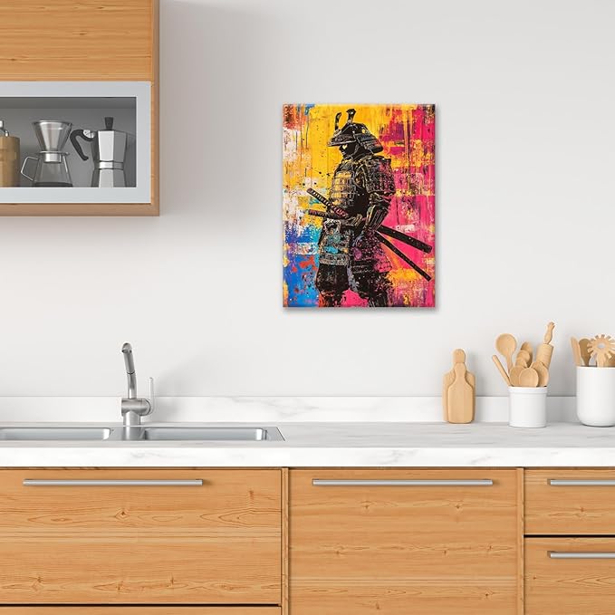 Japanese Wall Art, Graffiti Samurai Pictures Wall Decor, Banksy Samurai Canvas Prints, Japan Painting, Framed Artwork for Bathroom Living Room Bedroom Office Dining Room 20"X16"