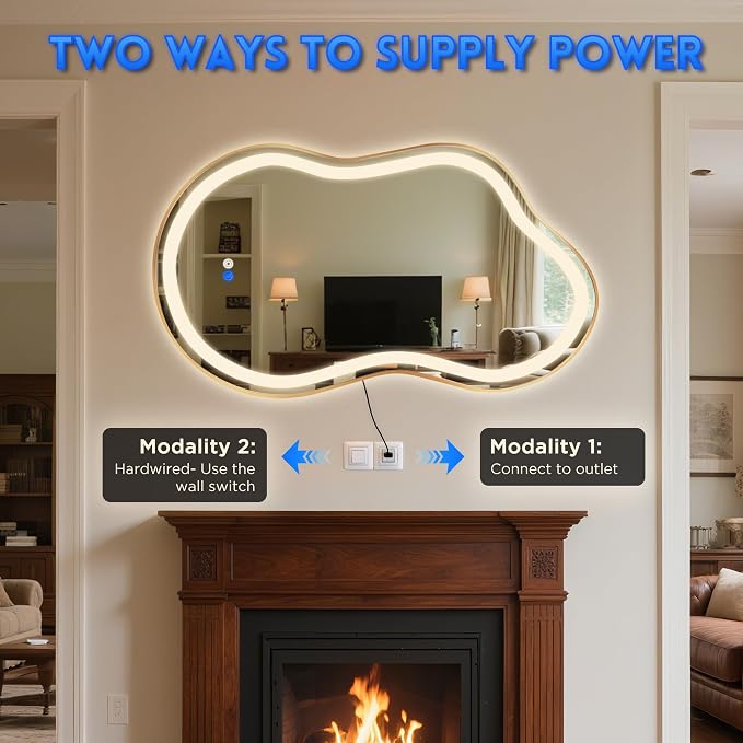 Irregular Led Backlit Bathroom Mirror -26"x46" Single Piece, Asymmetrical Cloud Lighted Vanity Mirror with Lights for Wall, Anit-Fog, Dimmable, Memory (Vertical/Horizontal)
