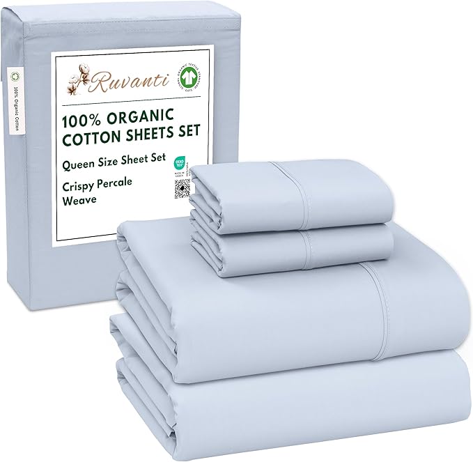 RUVANTI 100% Organic Cotton Sheets Queen Size, Percale Weave, GOTS Certified, 4-Piece Set, Deep Pocket 15", Crisp & Breathable, Soft Durable Bedding, Sábanas Algodón Orgánico – Arctic Ice