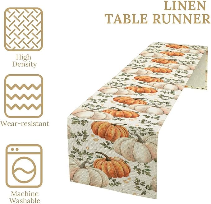 Fall Pumpkin Table Runner White Orange Vegetables Seeds Parsley Watercolor Hand-Painted Illustration Home Decor for Farmhouse Indoor Outdoor Party Holiday Dining Kitchen Restaurant Cafe W13xL72in