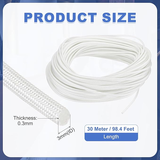 uxcell Insulation Cable Protector,3mm/0.12 Inch-30m/98 Feet High Temp Fiberglass Sleeve White