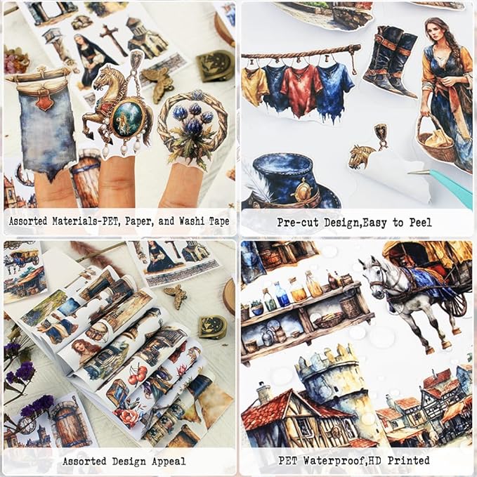 Dwpetzo Medieval European Theme Precut Journaling Sticker Book, Vintage Collage Stickers Ephemera for Junk Journals Supplies, Scrapbooking, Scrap Book, Assorted PET Washi Paper Materials, 20 Sheets