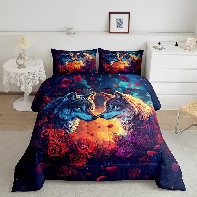 Wolf Comforter Set Twin Size,Wild Animal Print Couple Theme Reversible Bedding Set for Kids Boys Men,Romantic Red Rose Flowers Watercolor Galaxy Quilted Duvet Set with 1 Pillowcase