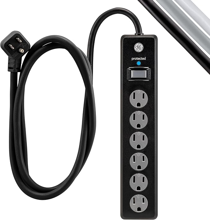GE Surge Protector Power Strip,6 Ft Extension Cord,6 Outlet Extender,800 Joules,Flat Plug,Twist-to-Close Safety Covers,ETL Listed,Black,33661,(Pack of 10)