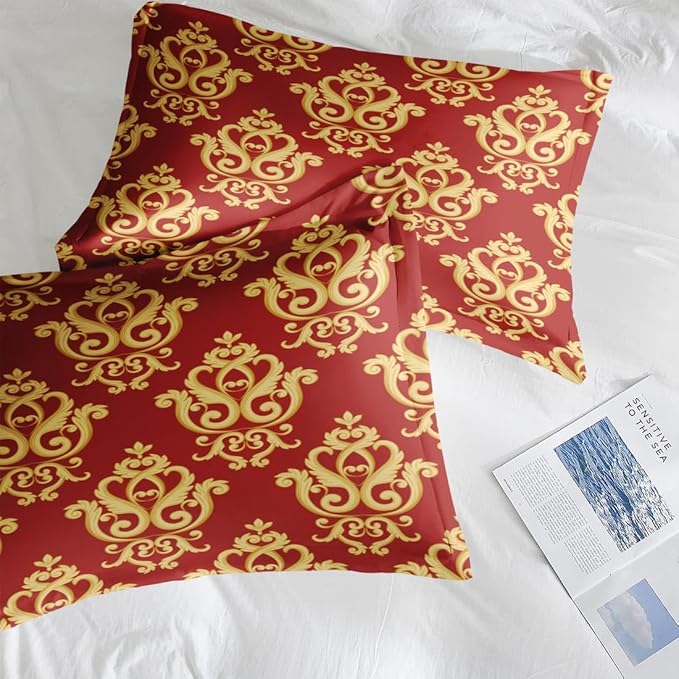 Comforter Set Queen Size, Vintage Floral Gold 7 Pcs Bedding for Kids and Adults, Medieval Burgundy Red Bed Sheet Sets with Fitted Sheet 2 Pillowcase & 2 Sham for Bedroom Bed Decor
