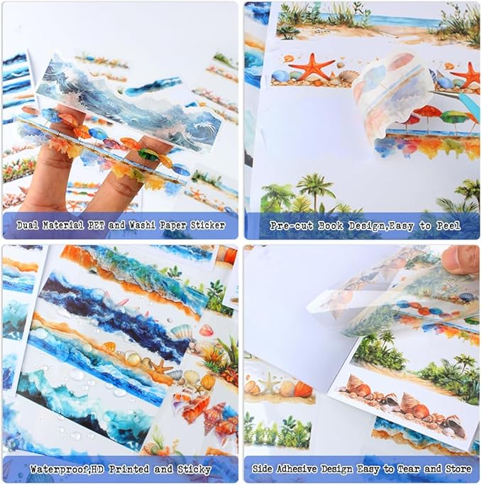 20 Sheets Seaside Landscape Pre-Cut Journaling Stickers Book for Junk Journaling, Scrapbooking, Collage, Planner, Album, Transparent PET and Washi Stickers for Adults
