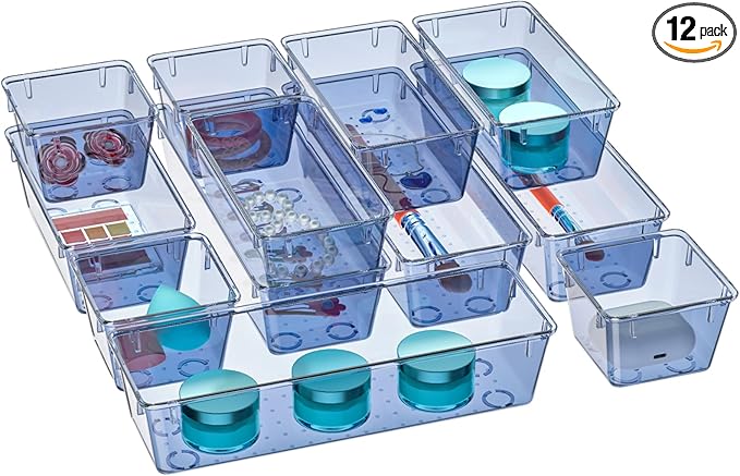 WOWBOX 12 Pack Clear Drawer Organizer Set, Acrylic Drawer Storage Trays, Storage Bins for Makeup, Cosmetics, Jewelries, Utensils, Gadgets, Office, Dark Blue