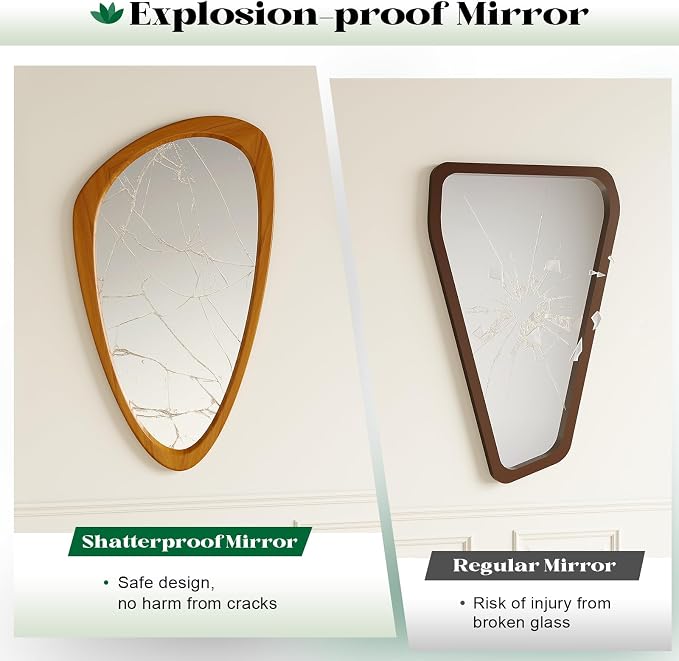 Mid Century Modern Mirror, 22x48 Inch Irregular Wall Mirror, Asymmetrical Wall Mirrors Full Length with Pine Wood Frame for Living Room Bathroom Entryway Hangs Horizontally or Vertically