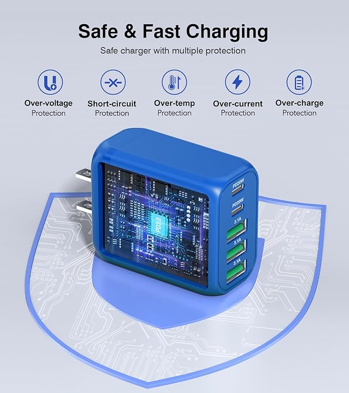 (2-Pack) 50W USB C Wall Charger Block, 5-Port C Charger Fast Charging Block PD Power Adapter +QC 3.0 Multiport Type C Box Brick Cube USB A Wall Plug for iPhone 15/16/17 Pro Max,Samsung (Dark Blue)