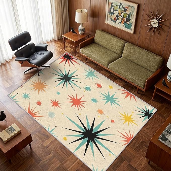 Retro Atomic Rug 4x5, Washable Mid Century Modern Rugs for Living Room Bedroom, Contemporary Geometric Area Rug for Home Decor, Non Slip Backing Floor Carpet with Gripper - 4 x 5 ft