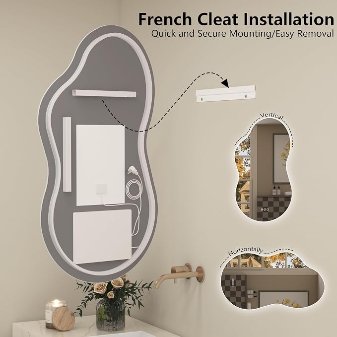 60x32 Inch Irregular Cloud LED Bathroom Mirror with Lights, Asymmetrical Backlit Vanity Mirror for Wall, Anti-Fog, Dimmable, Memory, 3 Colors, Shatterproof (Horizontal/Vertical)