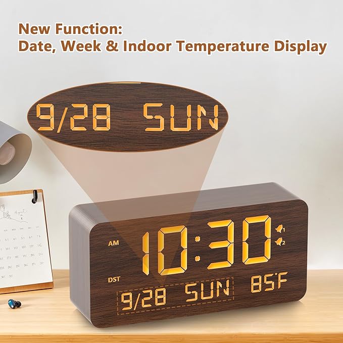 Fomobest Wooden Digital Alarm Clock for Bedroom - Desk Clock with Date, Day of Week, Temperature, Dual Alarms, Dimmer, USB Port Charge, DST, Adjustable Volume for Living Room/Office Wood Decor (Brown)
