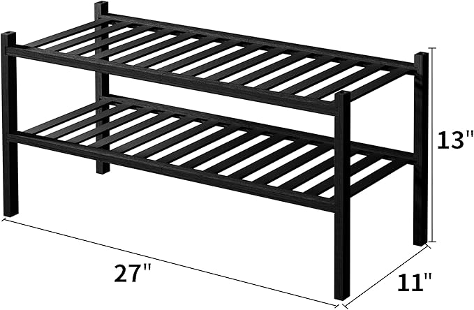 2 Tier Bamboo Shoe Rack for Closet Free Standing Wood Shoe Shelf for Entryway Small Space Stackable 27"x11"x13" (Black)