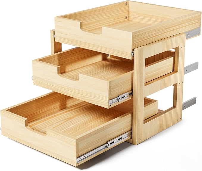 Gsskny Pull Out Cabinet Organizer, 20''W×21''D Sliding Drawers for Cabinets, 3 Tier Soft Close Slide Out Wooden Pull out Drawers, Base Cabinet Organization for Kitchen, Pantry, Bathroom