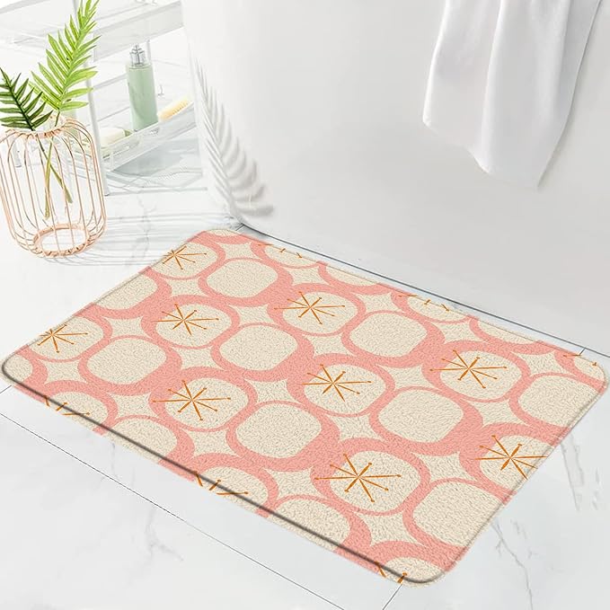 Mid Century Modern Bath Mat Abstract Atomic Geometric Retro 1950s Pink Bathroom Kitchen Toilet Rugs,16x24 Inch