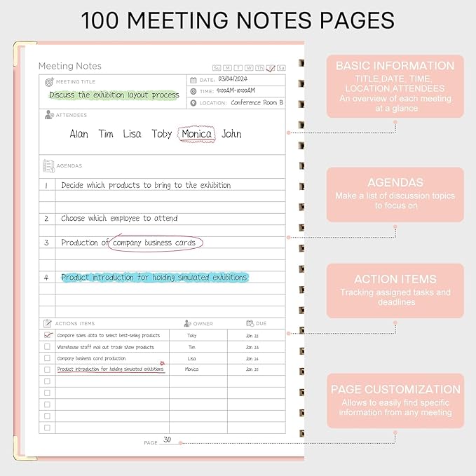 EMSHOI Meeting Notebook for Work - B5 Half Meeting Half Note Planner, 100 Pages, 100GSM Thick Paper, Hardcover, Project Organizer for Women Men Office, Business, Note Taking, 8"x10.2" - Pink