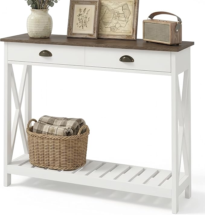 ChooChoo Farmhouse Console Table with Drawer for Entryway, Narrow Long Entry Table with Shelf for Living Room, Rustic Vintage Hallway Sofa Table with Stable X Supports, 40 White