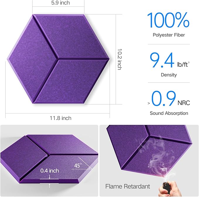 22 Pack Self-Adhesive Acoustic Panels 12" X 10" X 0.4" - Sound Proof Foam Panels with High Density, Y-Lined Design, Flame Resistant, Absorb Noise and Eliminate Echoes(Purple)