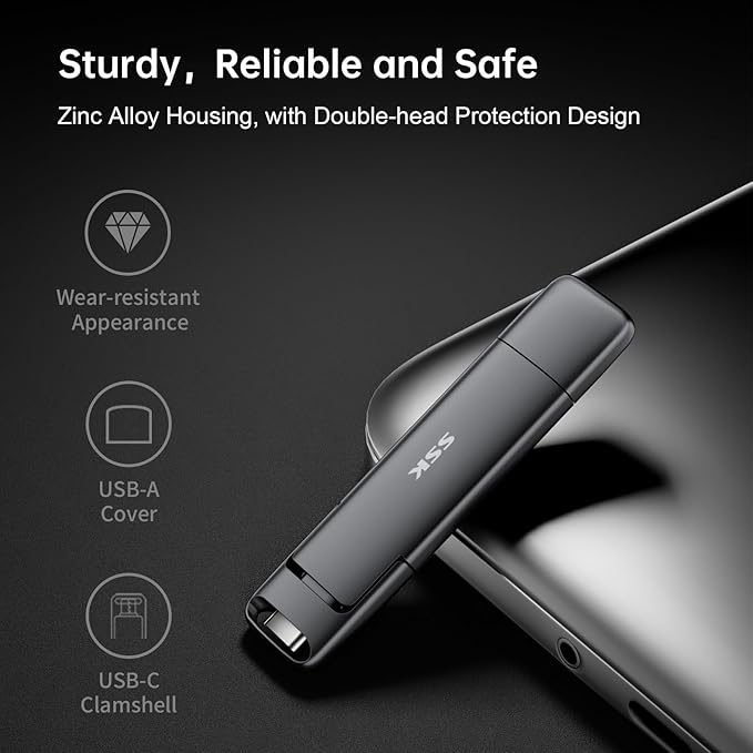 SSK 256GB SSD USB C Stick up to 1000MB/s,Fast Thumb Drive,Dual Drive Type-C + USB A 3.2 Gen 2 External Solid State Drives,USB Memory Stick for iPhone 15/PS4/Android Phone/Tablet/Windows/Mac