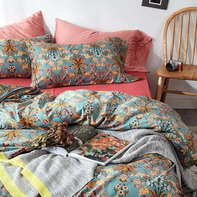 EAVD Vintage Style Floral Duvet Cover Twin Soft 100% Cotton Flower Bedding Set for Girls Women Reversible Chic Shabby Botanical Floral Comforter Cover with 2 Pillowcases Zipper