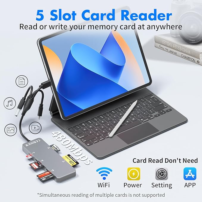 Memory Stick Pro Duo Adapter for iPhone/PC/iPad, 5 in 1 Memory Stick Pro Duo Reader for SD/TF/CF/MS/XD Card, Aluminum Portable Design XD Card Reader with Lightning/USB-C/USB-A Port
