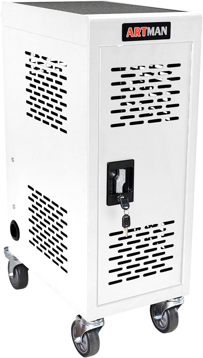 Laptop and Tablet Storage Cart, White Mobile Charging Cart and Cabinet for 16 Devices, with Charging Port Screen Size Up to 14", Fits Chromebook, Tablet, Laptop, Suitable for School, Business, Office