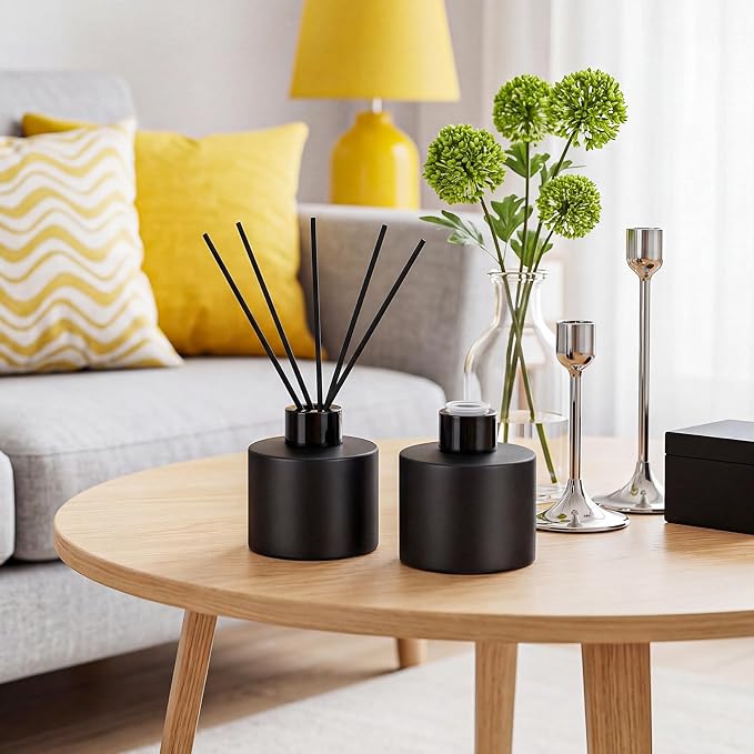 Chunful 4 Sets Black Reed Diffuser Bottle Empty Refillable Fragrance Glass Diffuser Bottles 100ml Round Glass Jars with Black Caps & Rattan Sticks for Living Room Home Replacement Fragrance DIY
