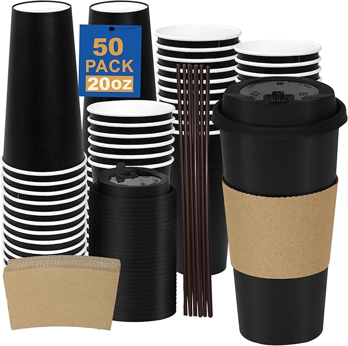 Coolcap 20 oz 50 Pack Coffee Cups with Lids and Sleeves, Straws, Hot Disposable To Go Travel Paper Cups Bulk for Office, Home Coffee Bar Accessories, Chocolate, Cocoa, Beverage (Black)