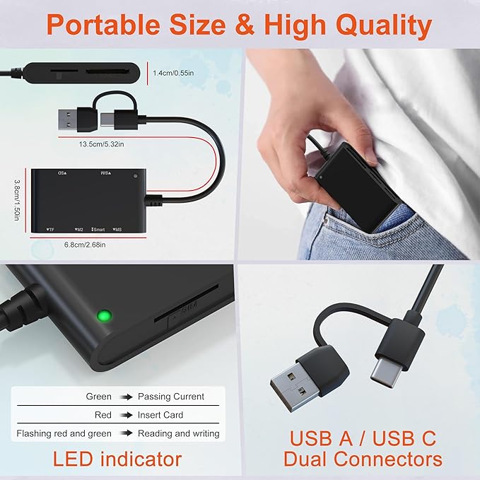USB C/A SIM Card Adapter Smart Card Reader - 7 in 2 CAC Reader Military & MS Pro Duo/SD/TF/M2/ID/IC/PIV/SIM Card Reader, Memory Stick Pro Duo Adapter CAC Card Reader USB C for Windows, Linux, MacOS
