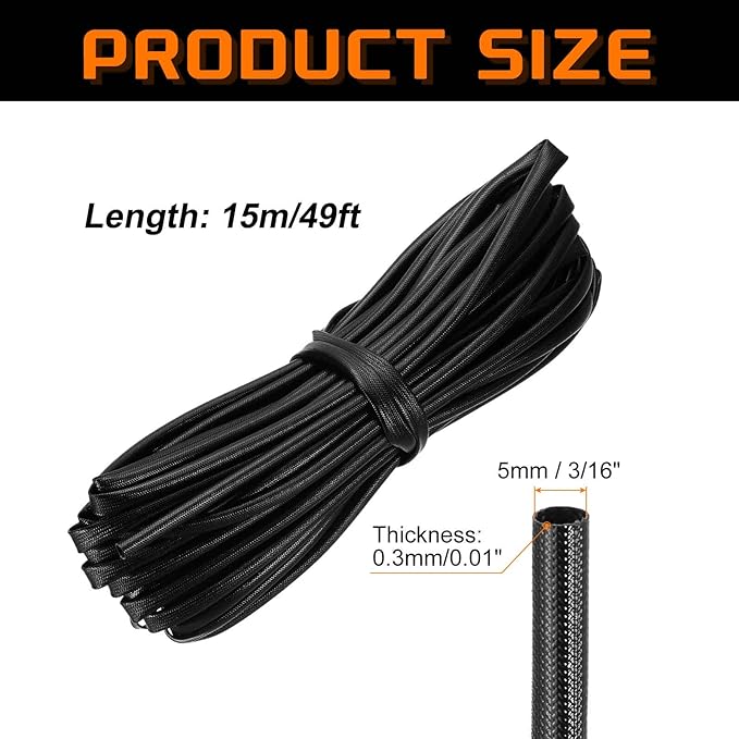 MECCANIXITY 49ft Braided Cable Sleeve, 3/16" ID 200C High Temperature 1500V Fiberglass Wire Insulation Cord Protector Organizer Wires Management for Motor Engine Fuel Line, Black