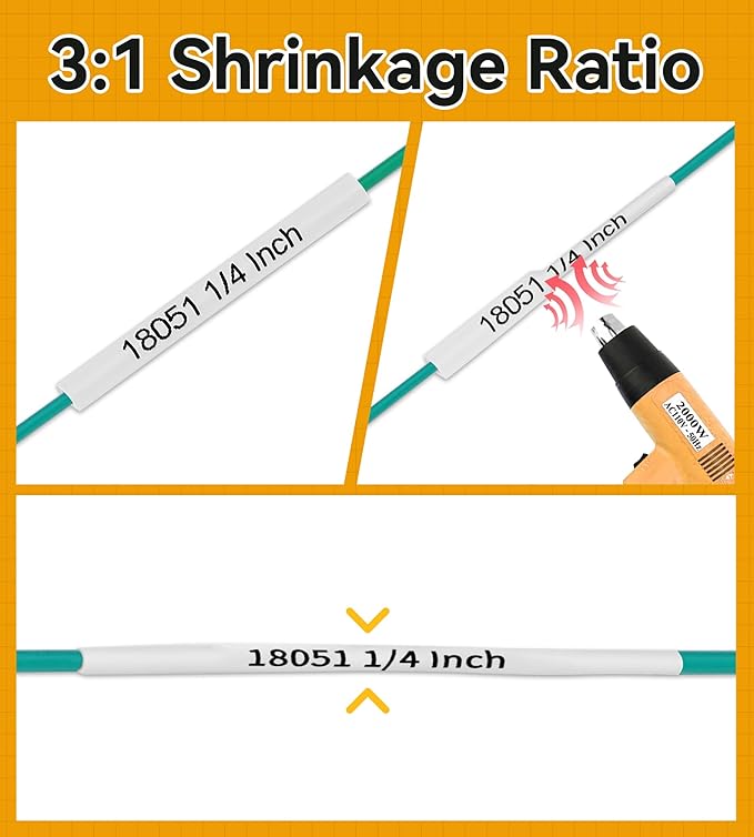 Rhino 4200 Heat Shrink Tube Tape 1/4" 6mm Replacement for Dymo Rhino 18051 Heat Shrink Labels Compatible with DYMO Industrial Label Maker 5200 5000 6000 | Black on White | 4-Pack