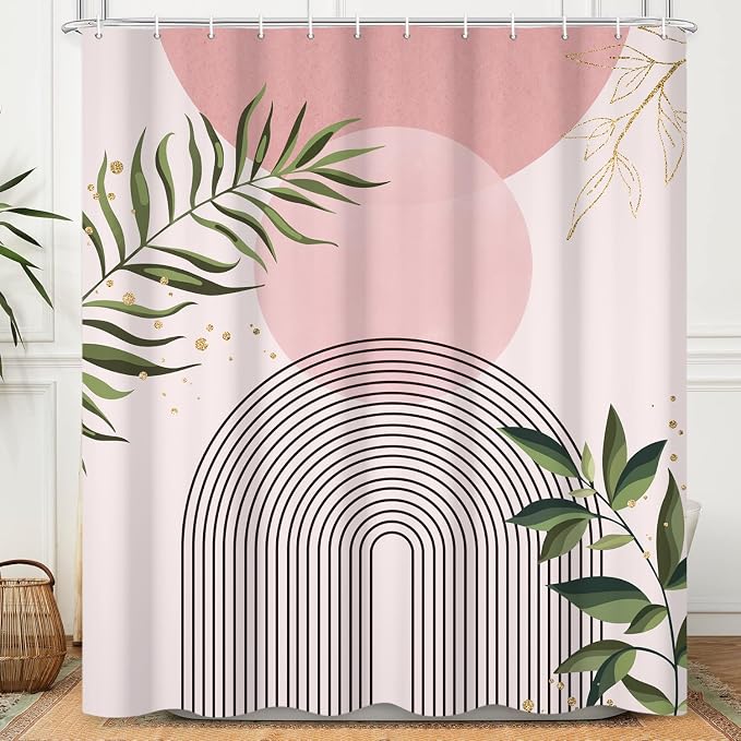 Boho Mid Century Shower Curtain, Pink Modern Minimalist Abstract Geometric Green Gold Plant Leaves Sun Arch Bathroom Curtains Waterproof Fabric Buthtub Curtain Set with Hooks 72" Wx84 L