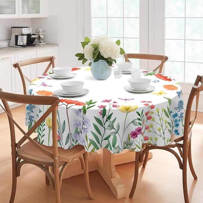 Eikione Round Tablecloth 60inch,Tablecloth Waterproof and Wrinkle-Free, Wild Flower Rustic Table Covers, Summer Decorations for Home