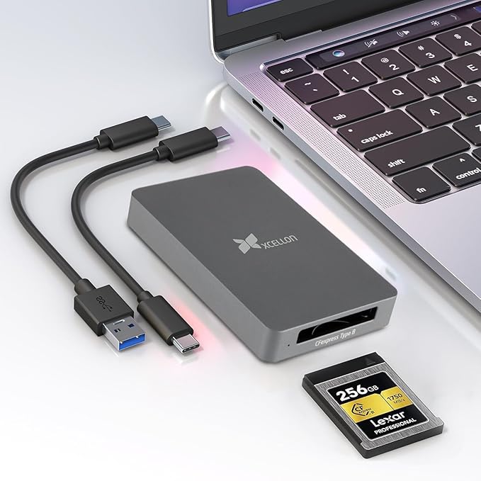 CFexpress Type B Card Reader with USB 3.2 Gen 2, 10Gbps High-Speed Data Transfer, USB C to USB C/USB A Cable, Aluminum Enclosure, Push Lock and Security LED Indicator