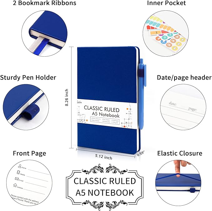 feela 3 Pack Notebooks Journals Bulk with 3 Black Pens, A5 Hardcover Notebook Classic Ruled Lined Journal Set with Pen Holder for Work Business Journaling Note Taking, 120 GSM, 5.1”x8.3”, Navy