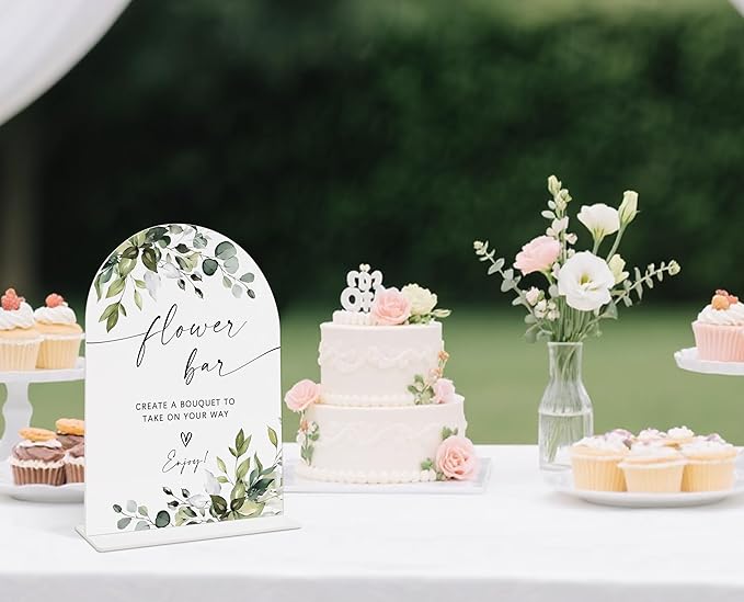 Wedding Signs for Reception, Green Leaves Flower Bar Sign, Wedding Reception Signage, Bridal Shower Table Decorations with Base, Flower Bar Supplies for Proposal, Bridal Shower Events and Ceremony, 03