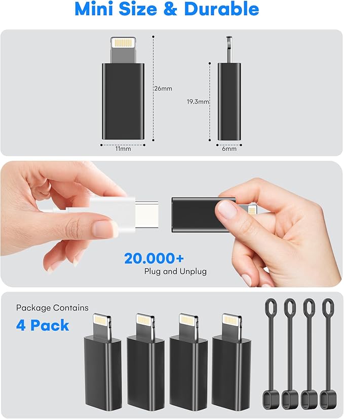 MFi Certified USB C to Lightning Adapter 4-Pack, 27W Fast Charging & Data Sync, Lightning to USB Type C Cable Adapter Compatible with iPhone 14/13/12/Pro/Max, iPad, AirPods, with Anti-Loss Lanyard