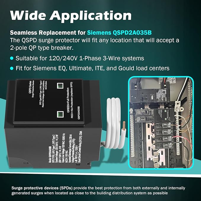Replacement for Siemens QSPD2A035B 1-Phase 3-Wire Surge Protection Device, 120/240 VAC, 35 kA SCCR, 2 Poles