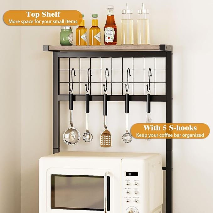 GiftGo Small Coffee Bar Station Narrow Corner Baker Rack Stand with 2 Storage Fabric Drawers 5 S Hooks for Small Spaces Farmhouse Bakers Rack for Kitchen, Entryway, Living Room (Grey, Narrow)